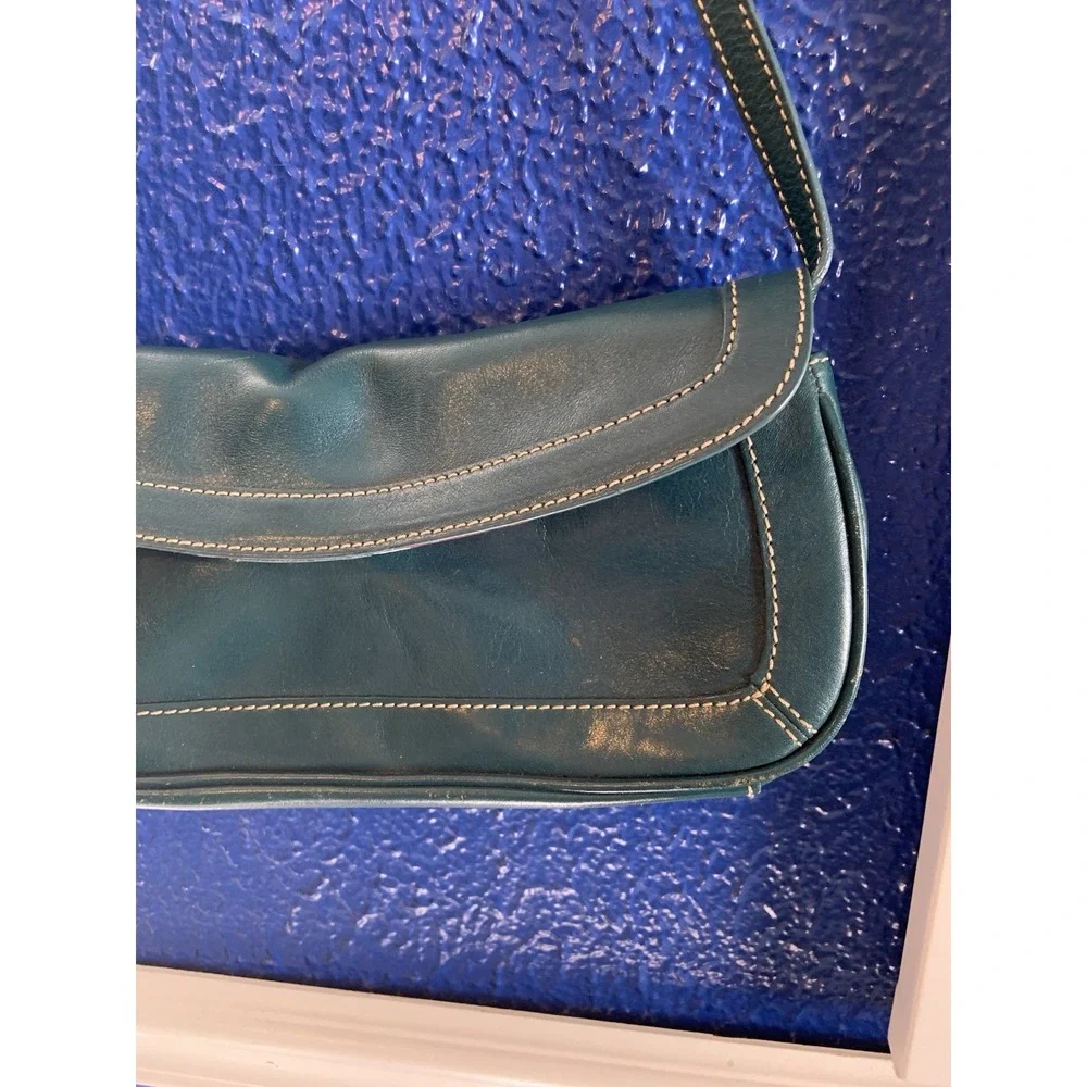 Vintage Nordstrom Y2K Green Teal Genuine Leather Shoulder Handle Bag Purse